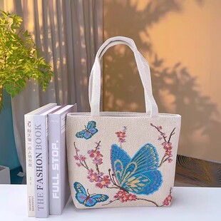 双面金丝刺绣新款手提帆布包时尚百搭款刺绣带拉链手拎外出小拎包