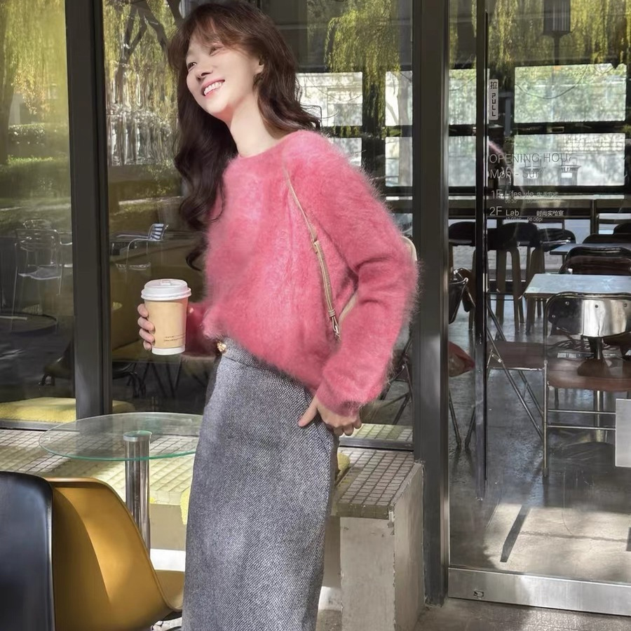 100%山羊绒~一线成衣加密拉绒圆领针织衫