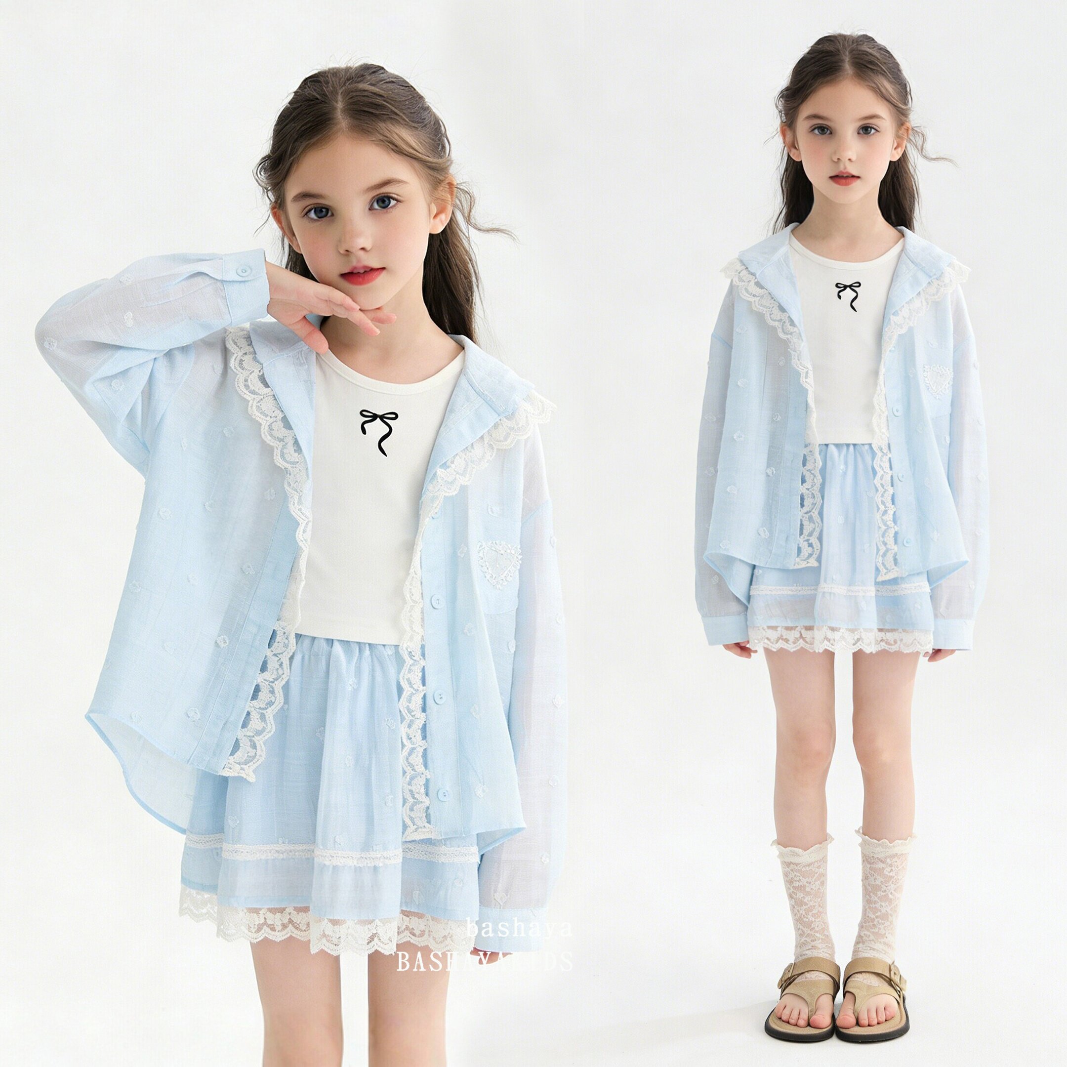 女童夏套装2026夏季新款春日长袖衬衫儿童两件套时髦洋气半身裙子