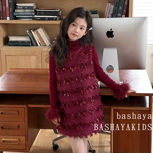 儿童年服 冬装 冬季 公主裙女童红色亮片连衣裙两件套女孩新年裙套装