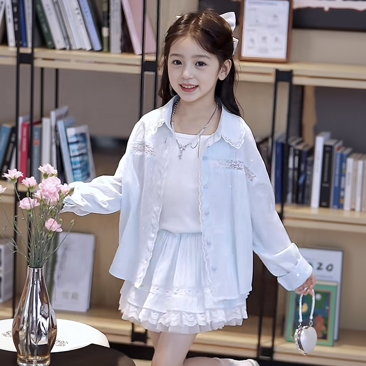 芭莎娅女童套装夏季2025新款洋气儿童衣服蕾丝长袖防晒衬衫吊带