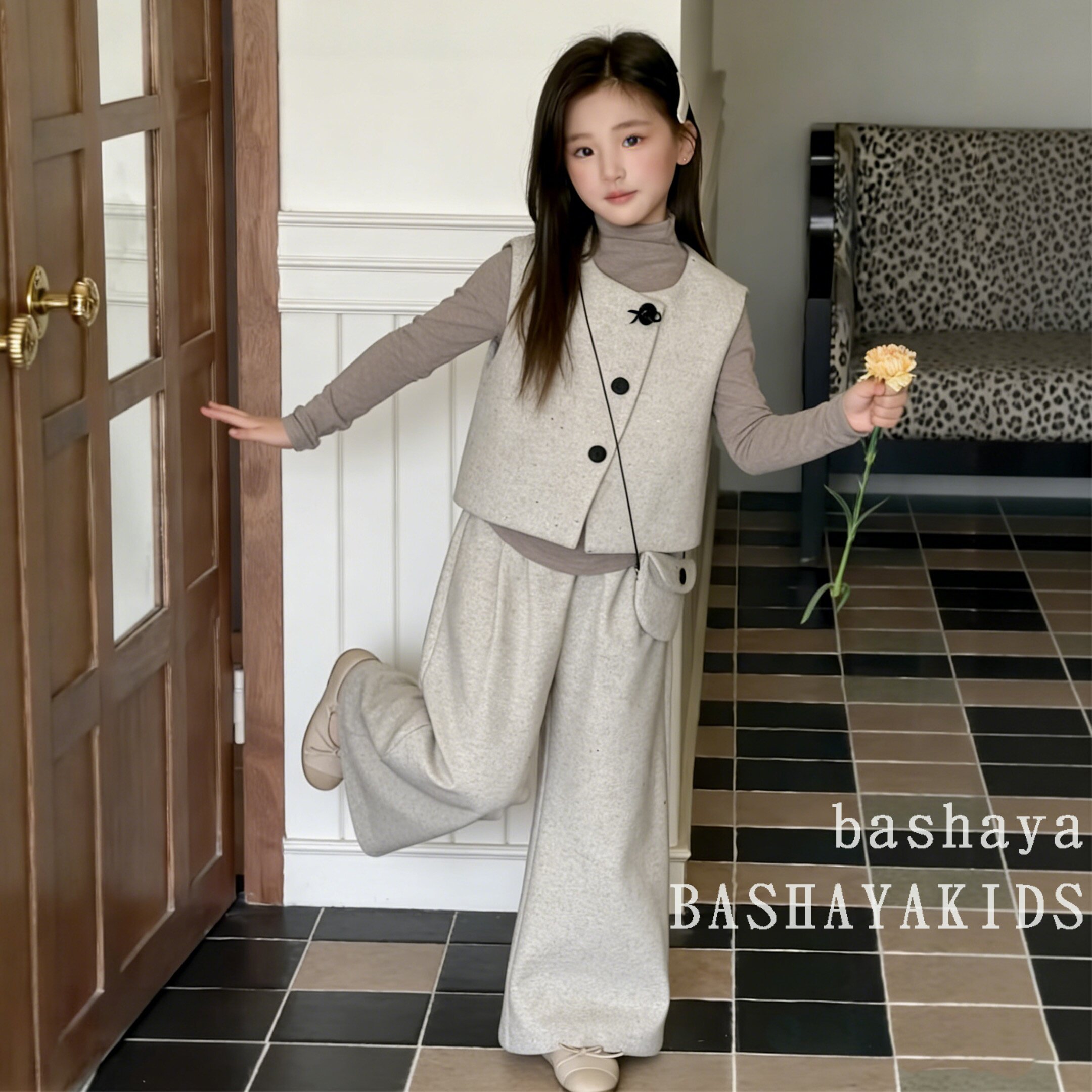 女童冬季穿搭一整套高级感儿童套装女孩打底衫马甲半身裙三件套冬