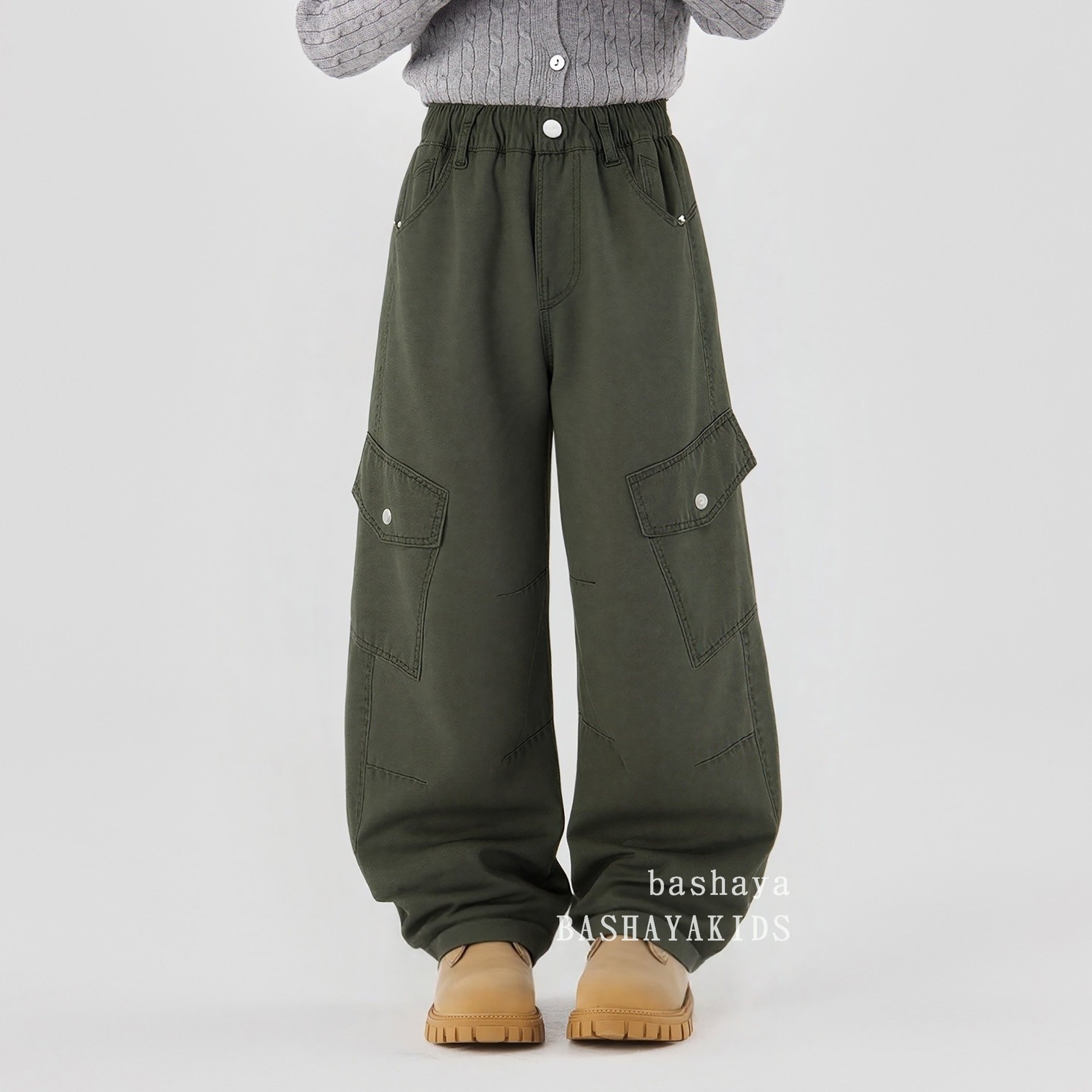 美式工装风军绿色多口袋宽松休闲裤男女松紧腰长裤,童装/婴儿装/亲子装,裤子,淘宝优惠券,粉丝福利购,淘宝优惠卷