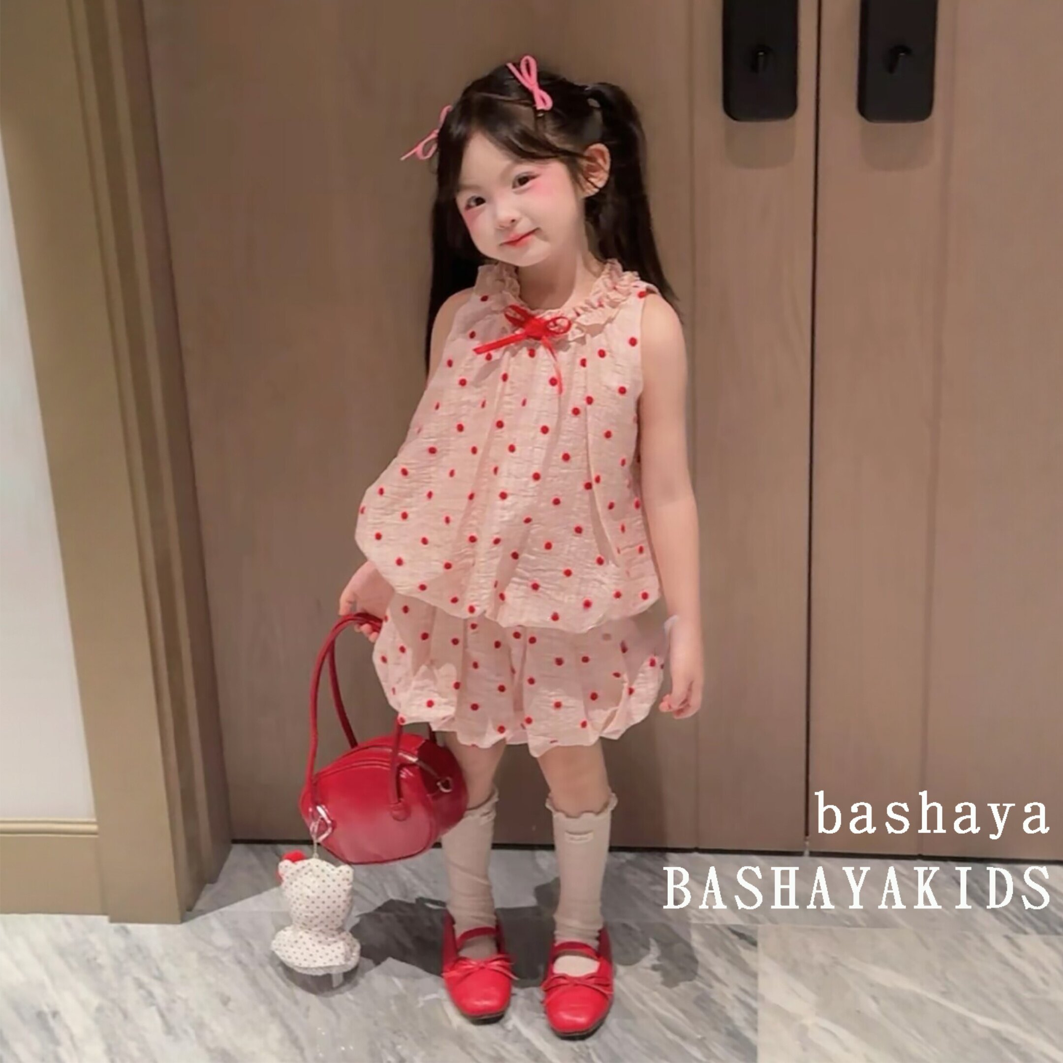 小公主洋气夏装套装甜美风女童波点蝴蝶结背心裙儿童半身裙两件套