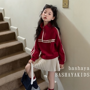 女童春季运动风套装红色拉链卫衣百褶裙两件套保暖韩式