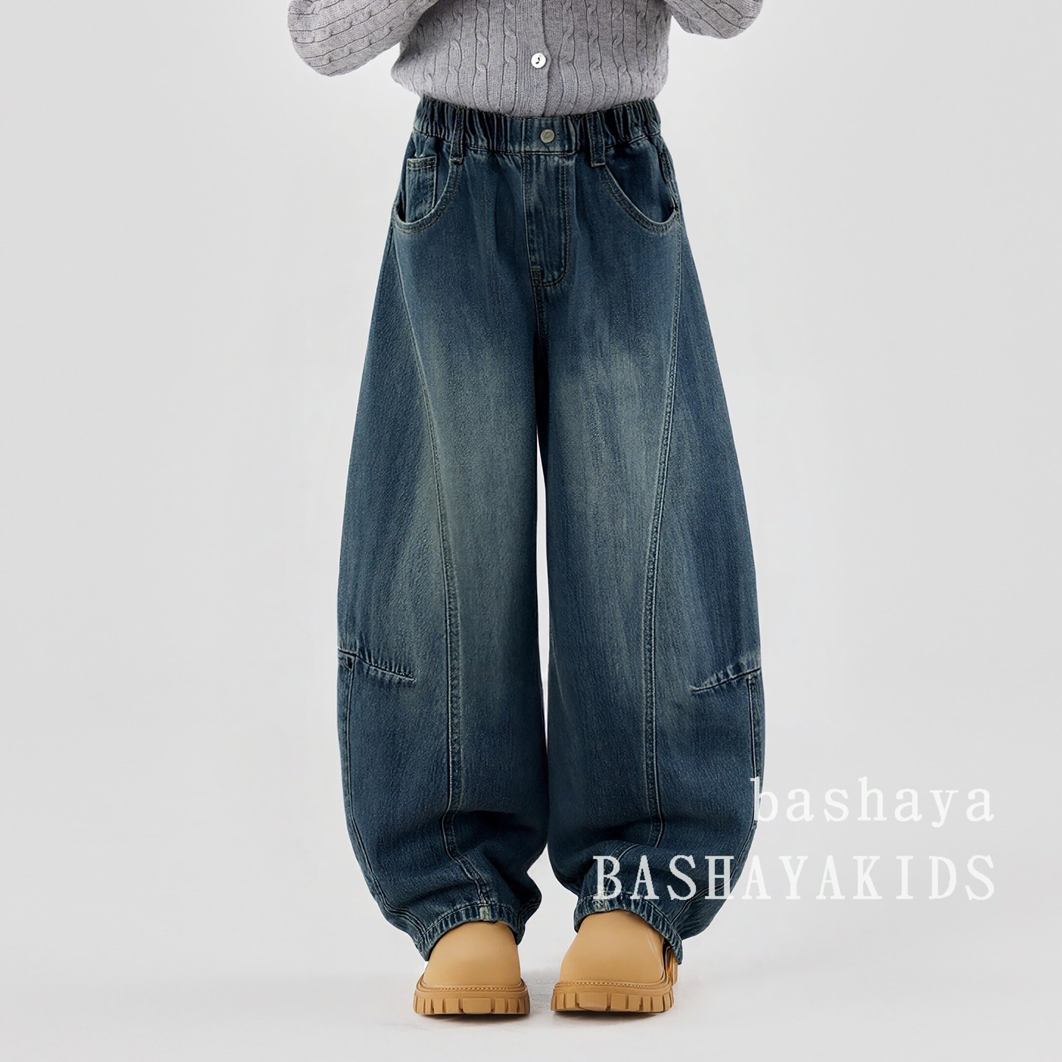 女童高腰阔腿牛仔裤宽松显瘦直筒弯刀裤蓝色长裤