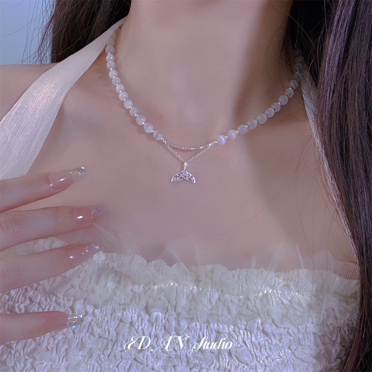 edan原创设计 s925纯银猫眼石人鱼尾巴水晶项链锁骨链颈链女