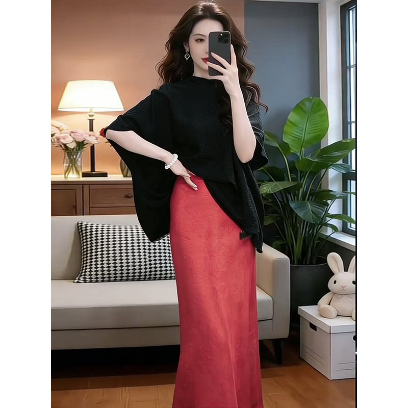 新中式复古气质套装2026夏季新款减龄洋气黑色上衣+一片式半身裙
