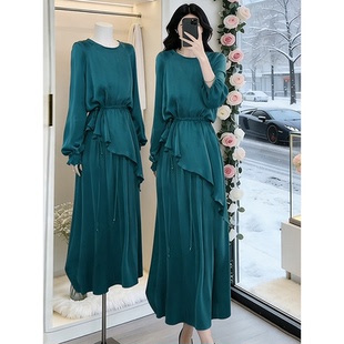 轻熟优雅风绿色连衣裙女收腰显瘦荷叶边长裙气质