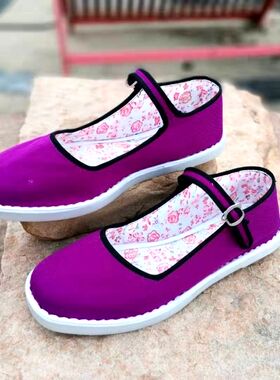 新款女士方口一字扣带布鞋社会鞋单鞋紫色平底居家休闲鞋低帮包邮