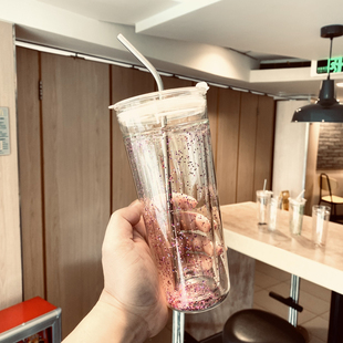 水杯双层隔热玻璃杯女款大容量高颜值带吸管ins风流沙办公室茶杯