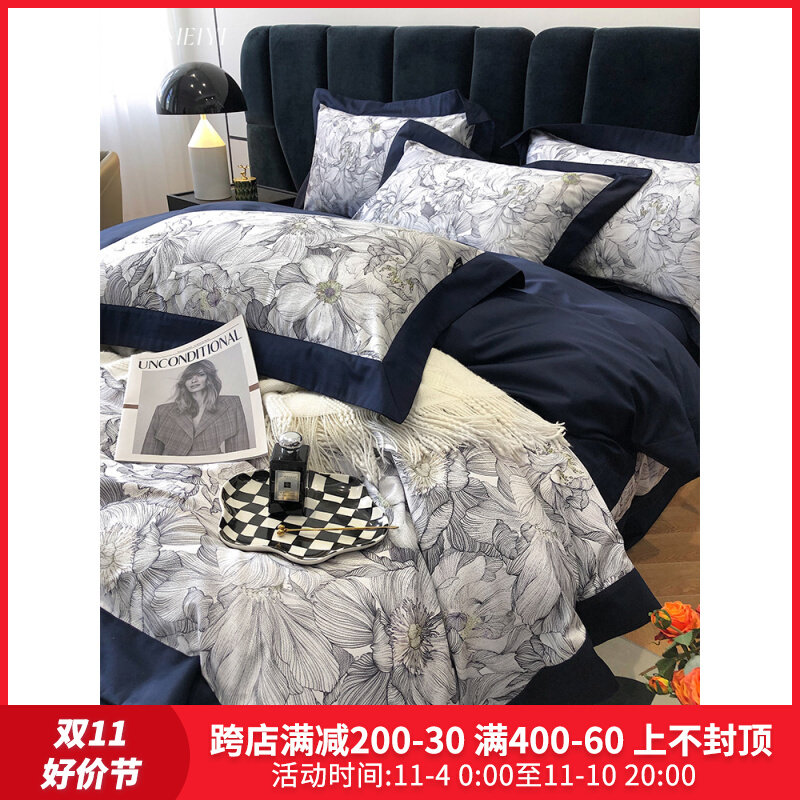 美式轻奢100支长绒棉四件套纯棉田园印花被套床单全棉床上用品1.8_虎窝淘