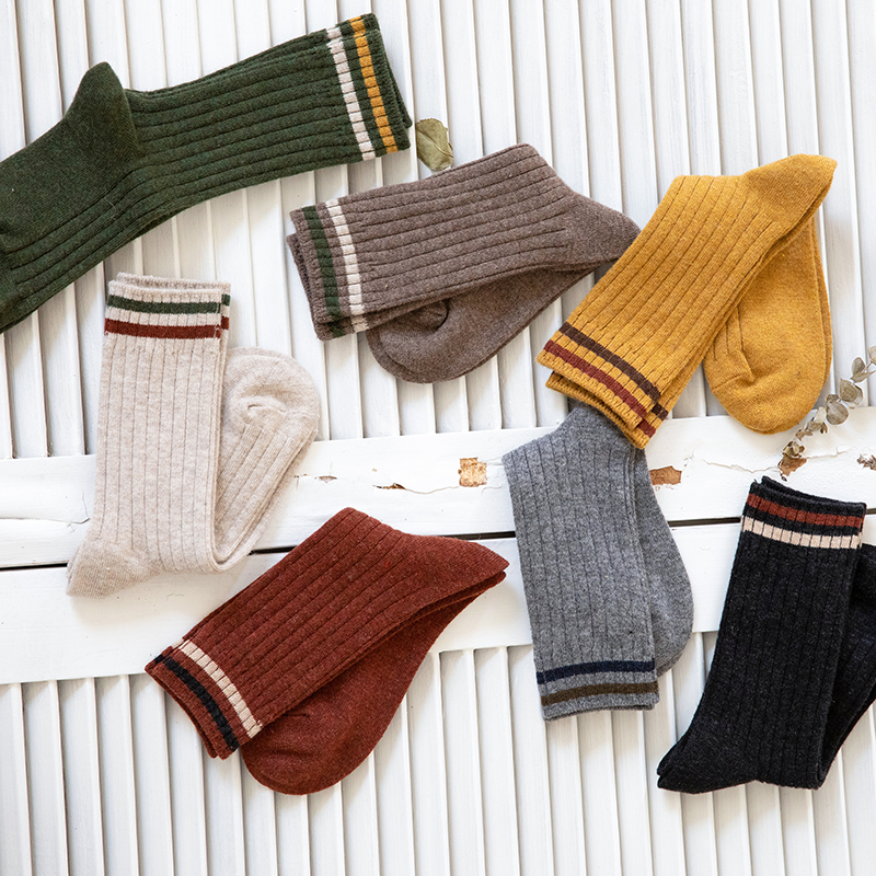 双杠袜子女秋冬加厚中筒袜ins潮羊毛小腿堆堆袜日系学院风长筒袜
