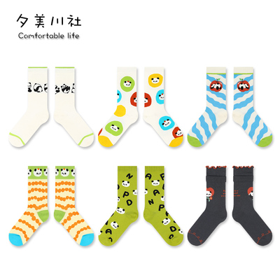 夕美川社女精梳棉熊猫卡通中筒袜