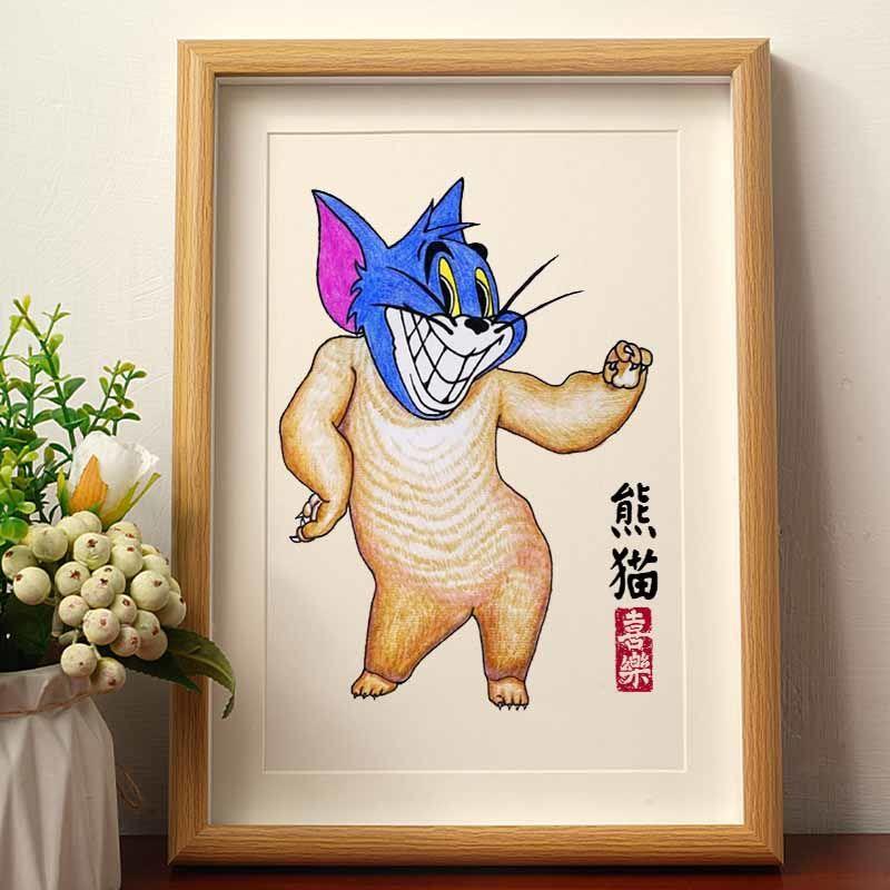 熊猫汤姆猫搞笑挂画书法字画挂画相框摆台猫和老鼠网红桌面摆件潮