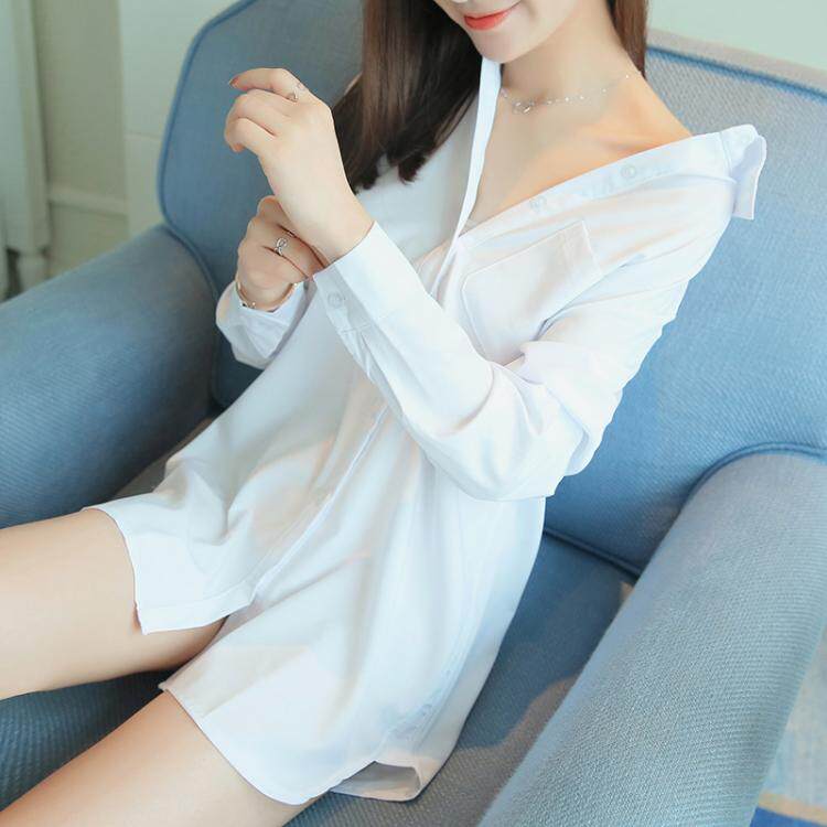 休闲宽松秋季中长款白衬衫韩版百搭寸衫女长袖性感大码衬衣睡衣式