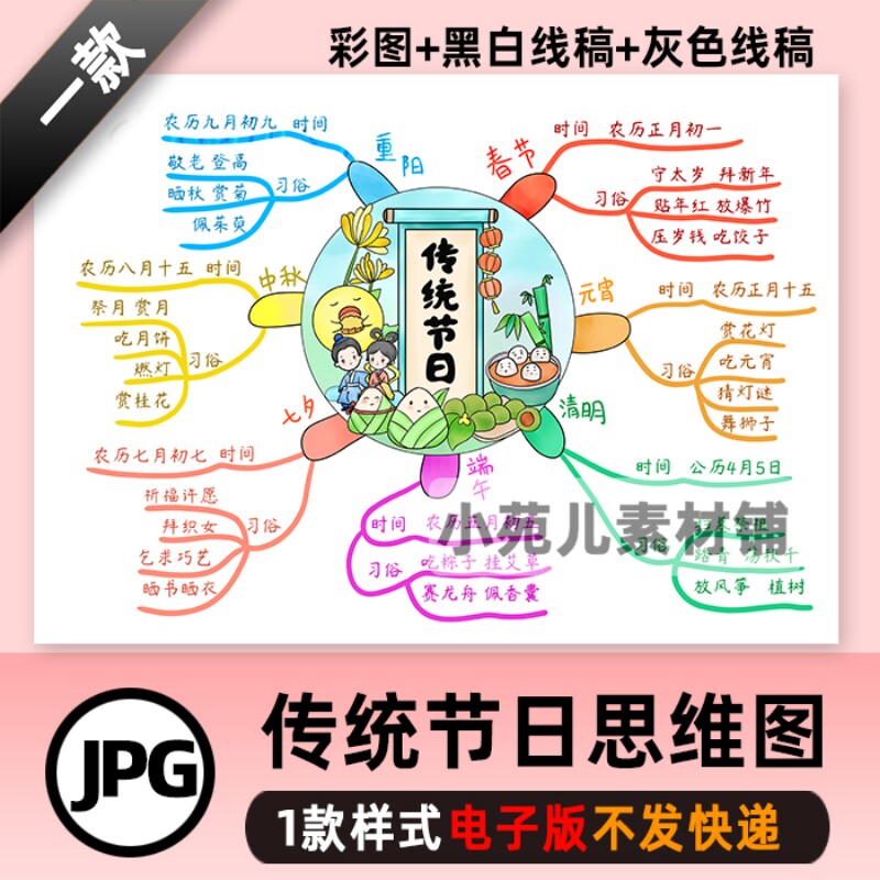 B246中国传统节日思维导图小学生手绘涂色黑白线条自己打印模板