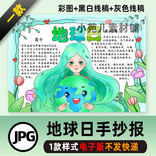 B271世界地球日手抄报模板电子版中小学生保护地球手抄报黑白线稿