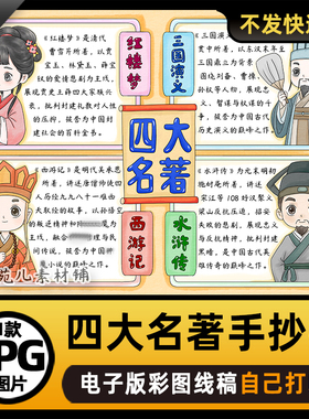 B983四大名著四合一手抄报模板电子版自己打印涂色线稿图片素材