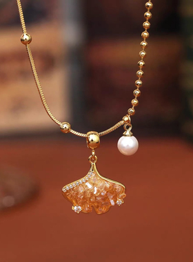 复古香槟色水晶项链银杏叶锁骨颈链网红气质简约新款潮饰品