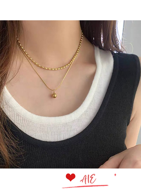 镀K金双层项链圆珠叠戴钛钢不褪色锁骨链ins冷淡风高级感女网红