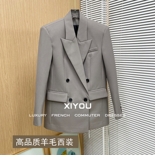 2025秋季杨树林双排扣阔肩直筒通勤气质灰色中长款羊毛西装外套女