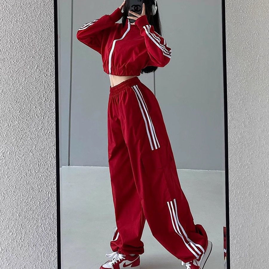 运动休闲开衫外套套装特大码辣妹街头2026夏宽松拉链长袖短款露脐