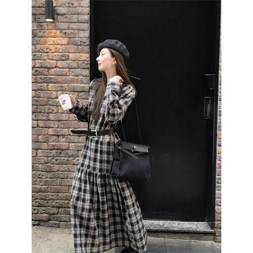 格子设计感宽松显瘦休闲a字长裙