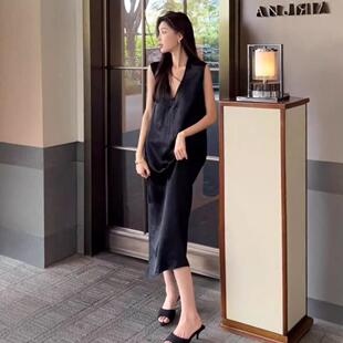 连衣裙 显瘦醋酸无袖 显瘦度假风跨境海外好面料女装 V领纯色修身