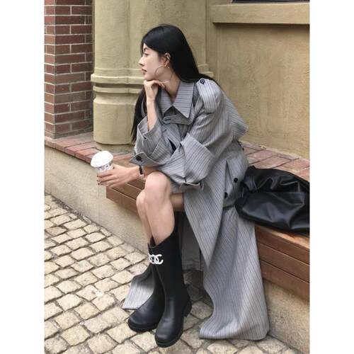 宽松气质条纹风衣外套女中长款