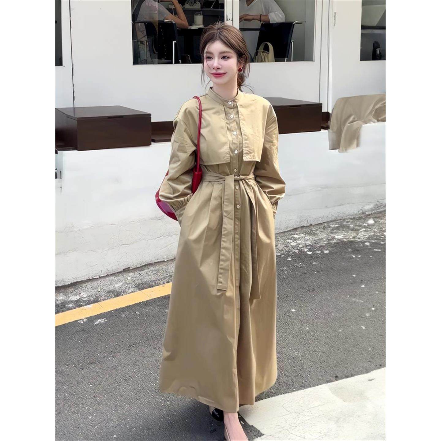 跨境纯色长款风衣式外套女外贸秋季复古高级感翻领单排扣绑带收腰