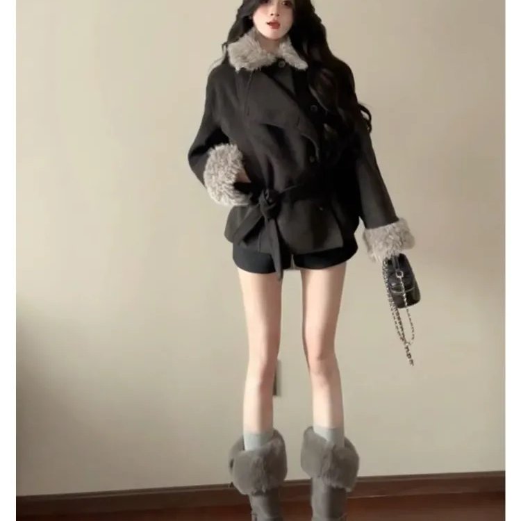 原版面料重磅美拉德毛领拼接毛呢外套女秋冬2025新款显瘦大衣