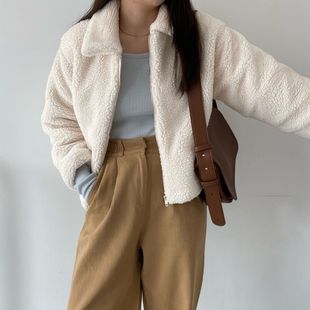 chic 韩国冬季法式休闲时尚翻领羊羔毛加厚短款夹克棉衣外套