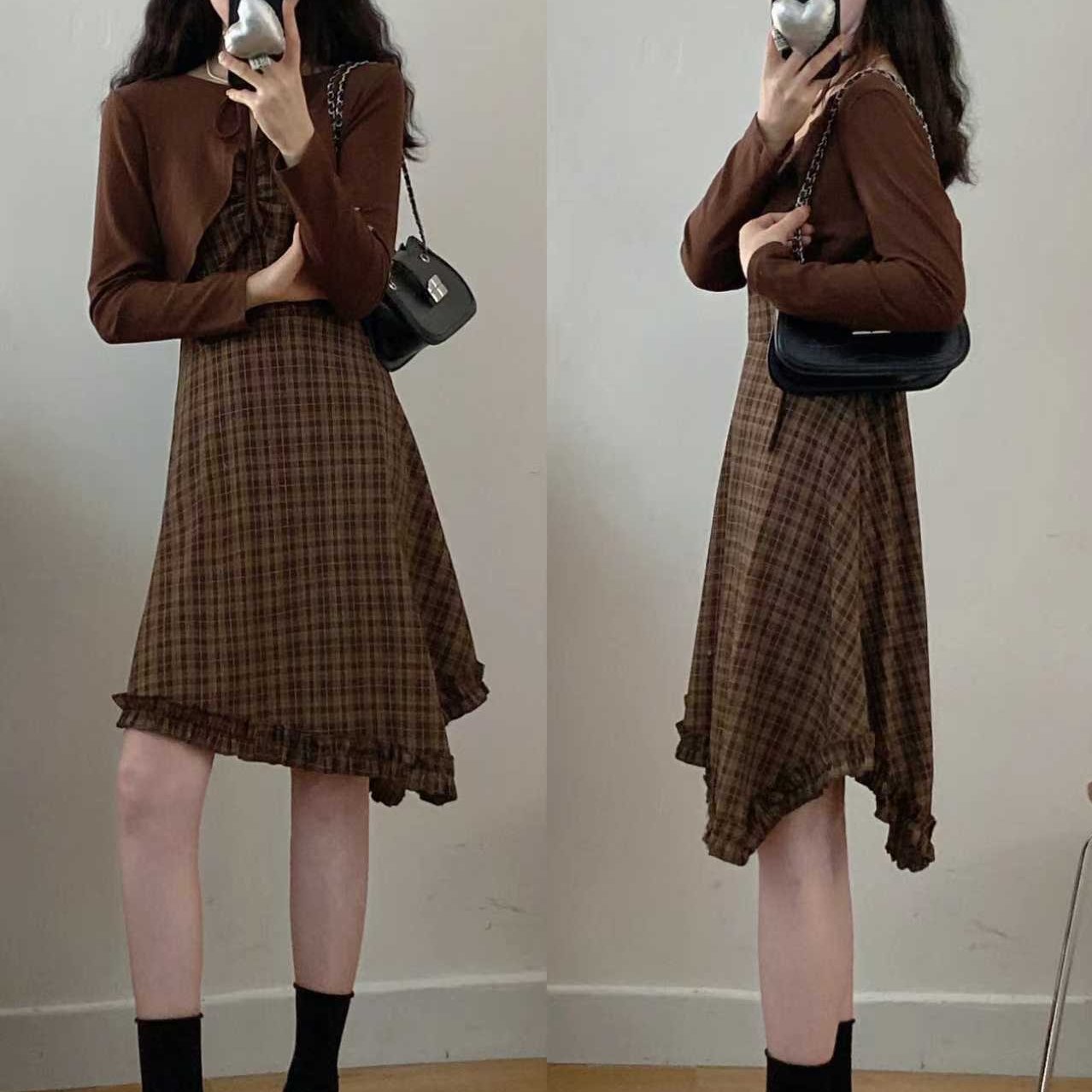 实拍~大码秋季格子连衣裙胖MM收腰显瘦甜辣吊带裙外搭开衫两件套