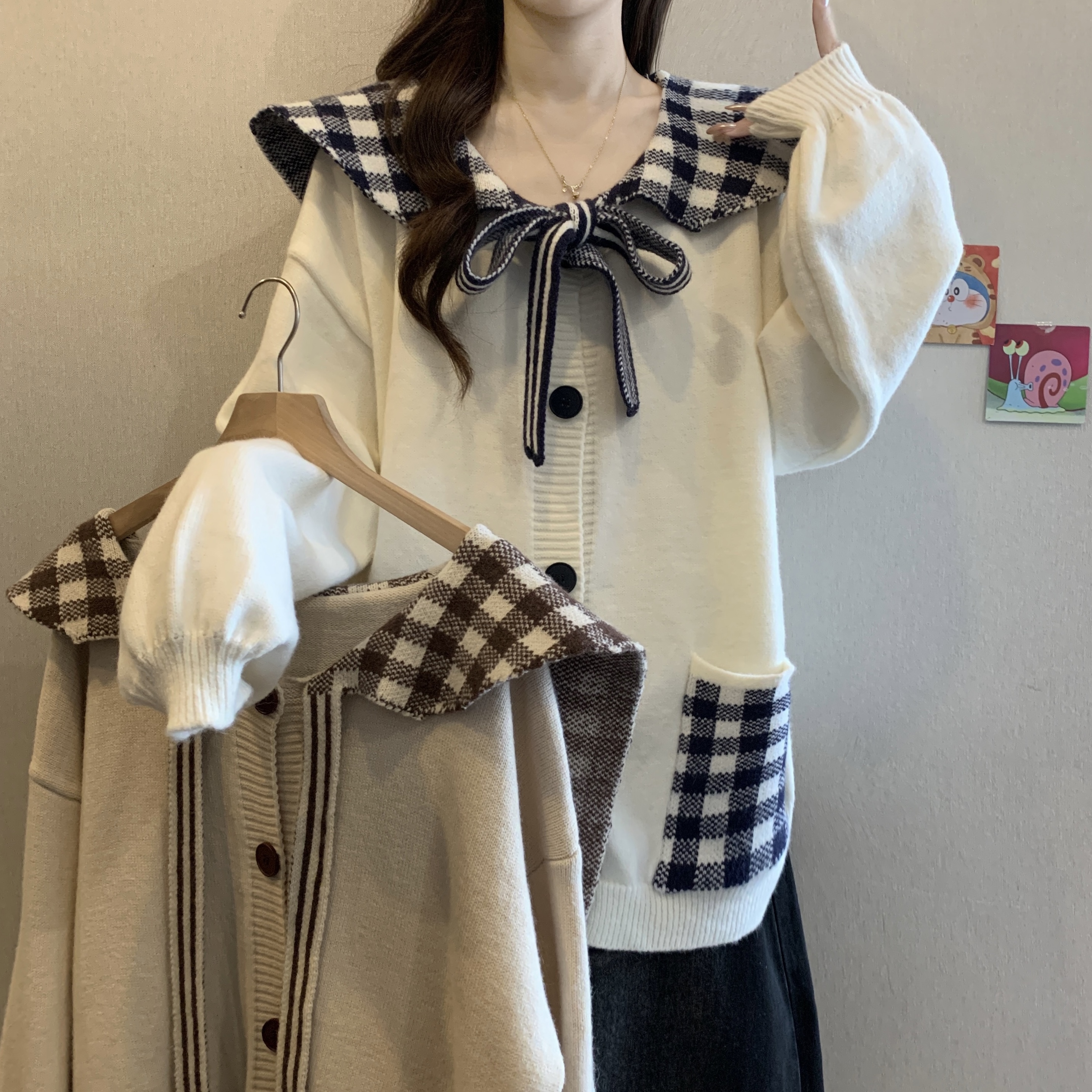 实拍大码秋冬新款胖mm学院风娃娃领蝴蝶结洋气减龄慵懒显瘦外套