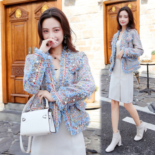 实拍2025秋冬新款 名媛气质彩金蓝小香风粗花呢外套女