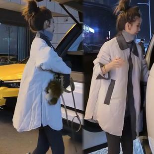 已出货 菱形格子棉服 设计感洋气宽松夹棉外套秋冬撞色拼接中长款