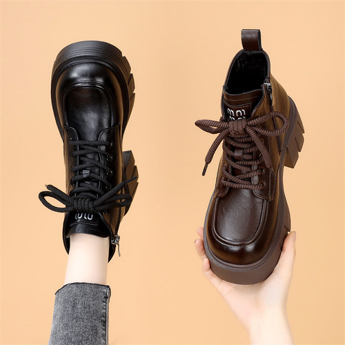 小个子增高英伦炸街短靴女2025冬季新款粗跟时尚显脚小薄绒马丁靴