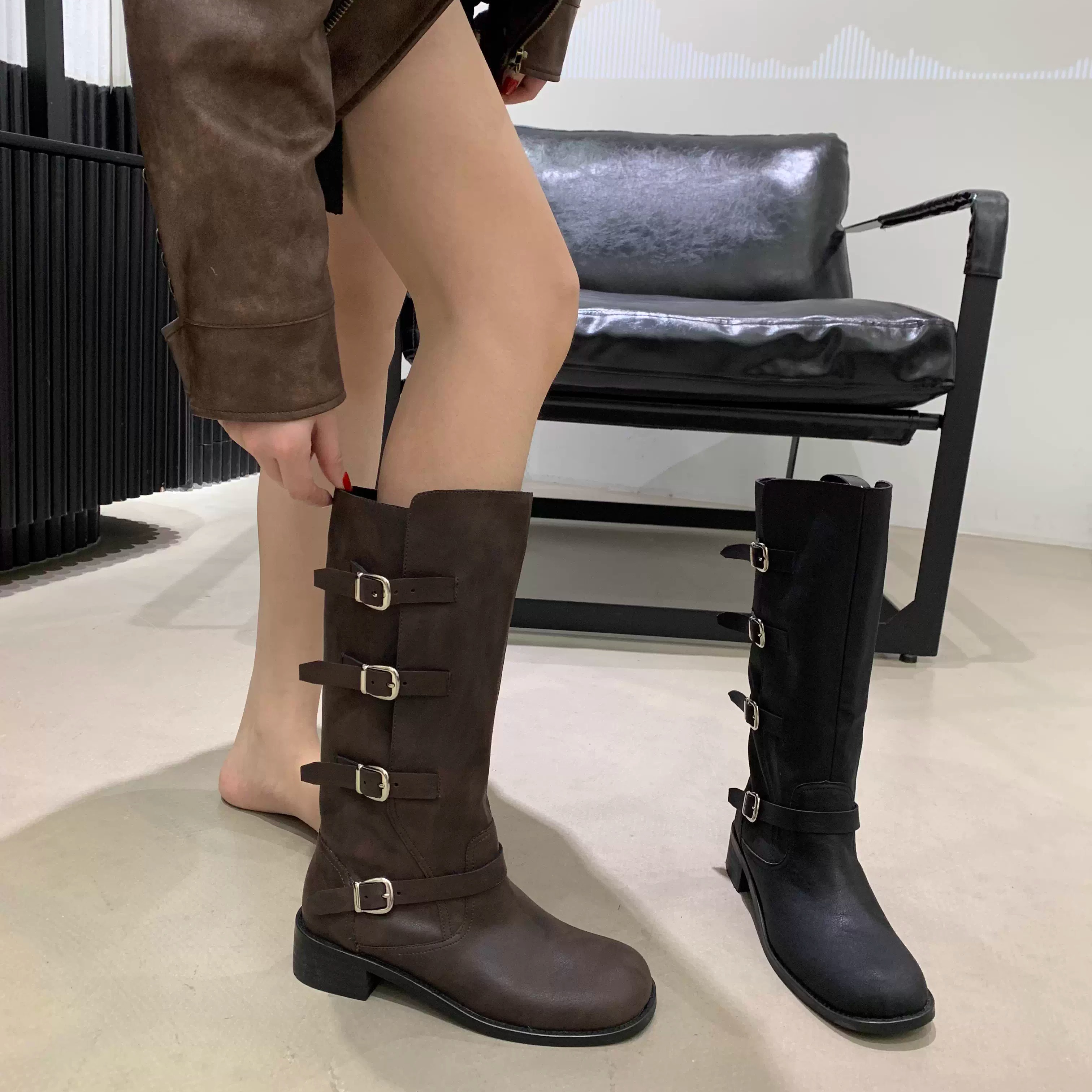 长筒马丁靴女新款夏季高筒真皮骑士靴厚底增高靴子百搭皮带扣中筒