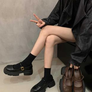 潮牌法式复古黑色玛丽珍鞋厚底小皮鞋早秋款粗跟女鞋子单鞋乐福鞋