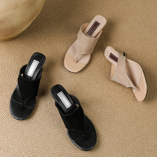 裸色夹脚细跟凉拖女夏方头人字拖气质高跟外穿穆勒鞋