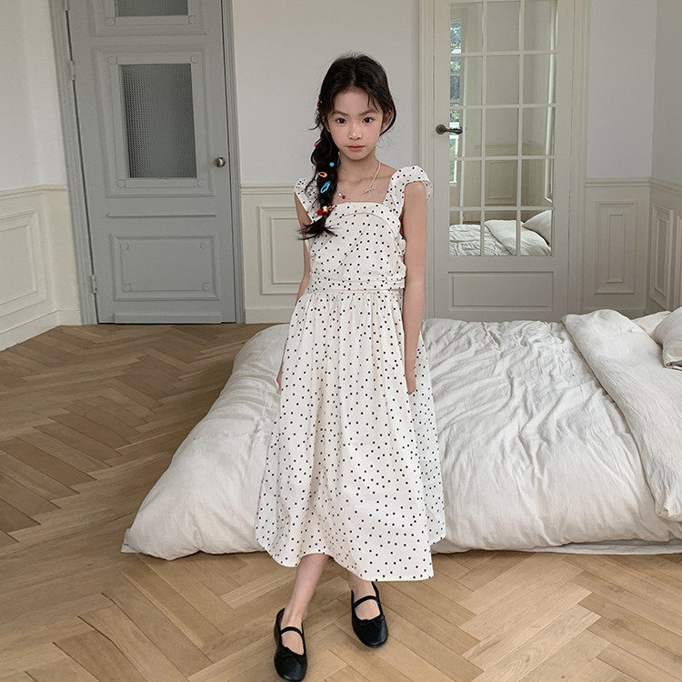 公主风无袖波点连衣裙女童夏季小飞袖白色中长裙