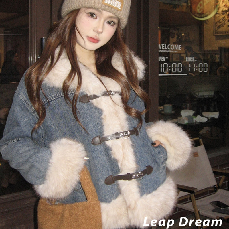 LEAPDREAM 仿皮毛一体毛领拼接牛仔外套女冬季新款气质上衣