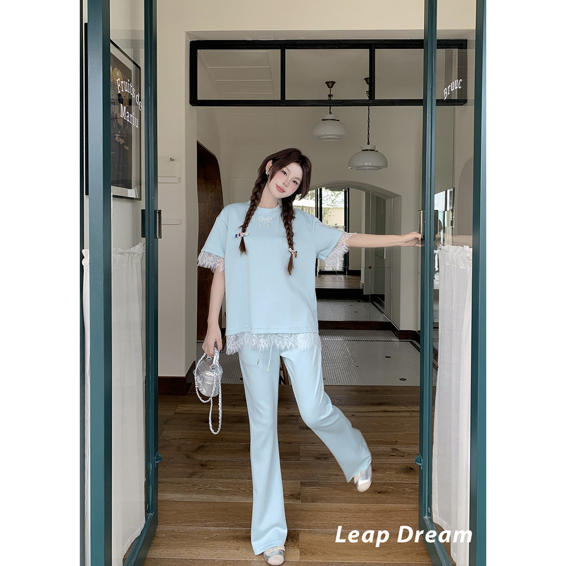 LEAPDREAM 后开叉蕾丝拼接短袖休闲裤套装女设计感小众时尚两件套