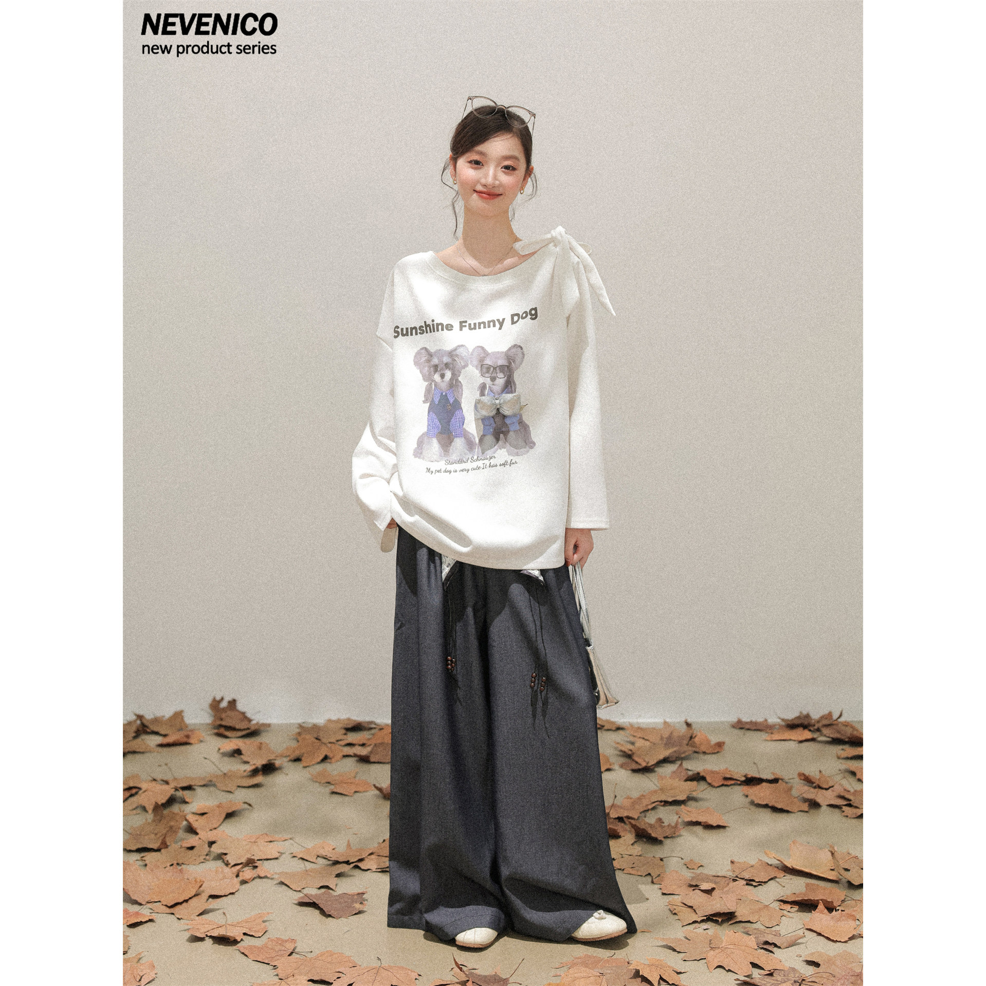 NEVENICO 卡通小狗蝴蝶结绑带露肩长袖女童趣减龄设计感上衣