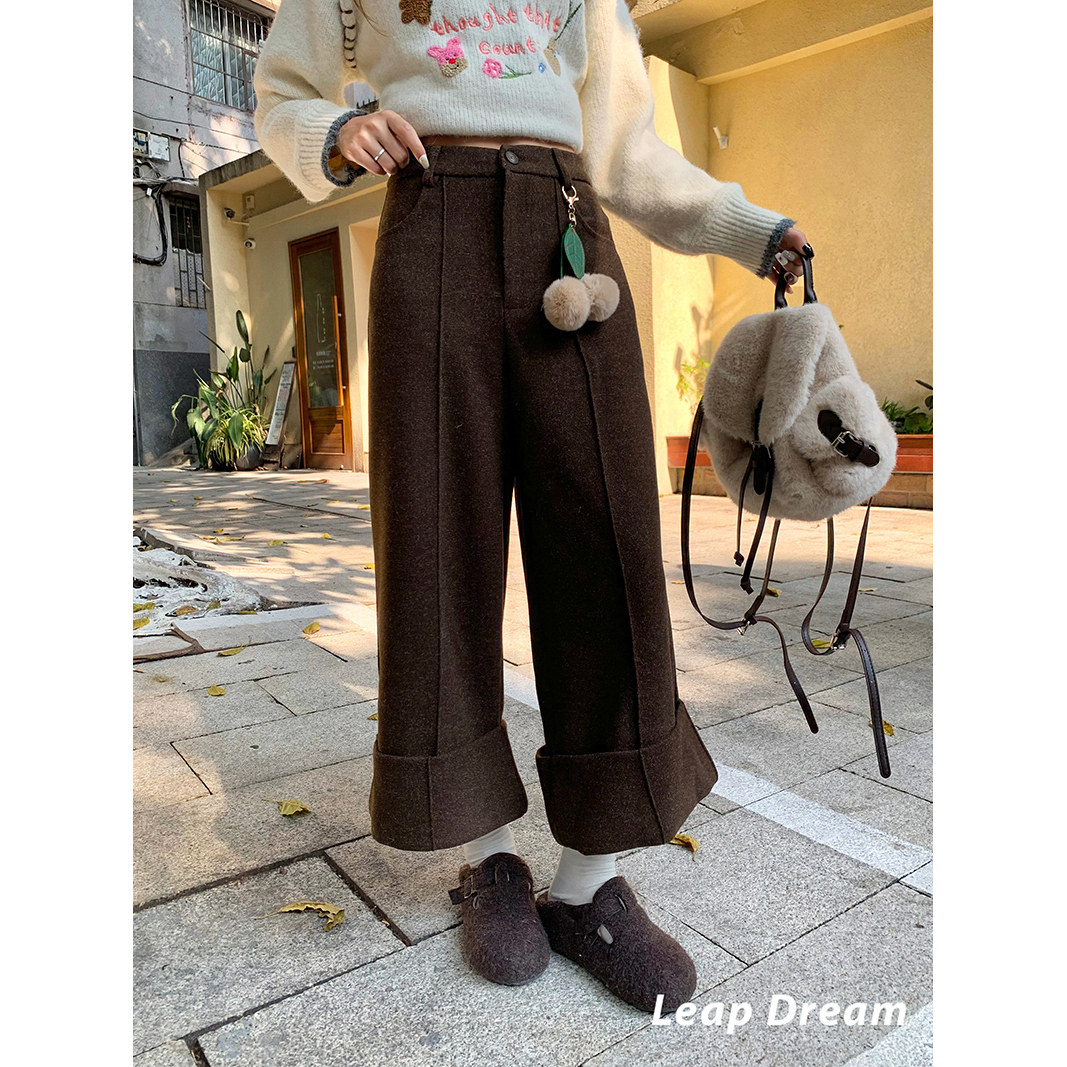 LD251910 毛呢中线翻边八分休闲裤女百搭慵懒风裤子