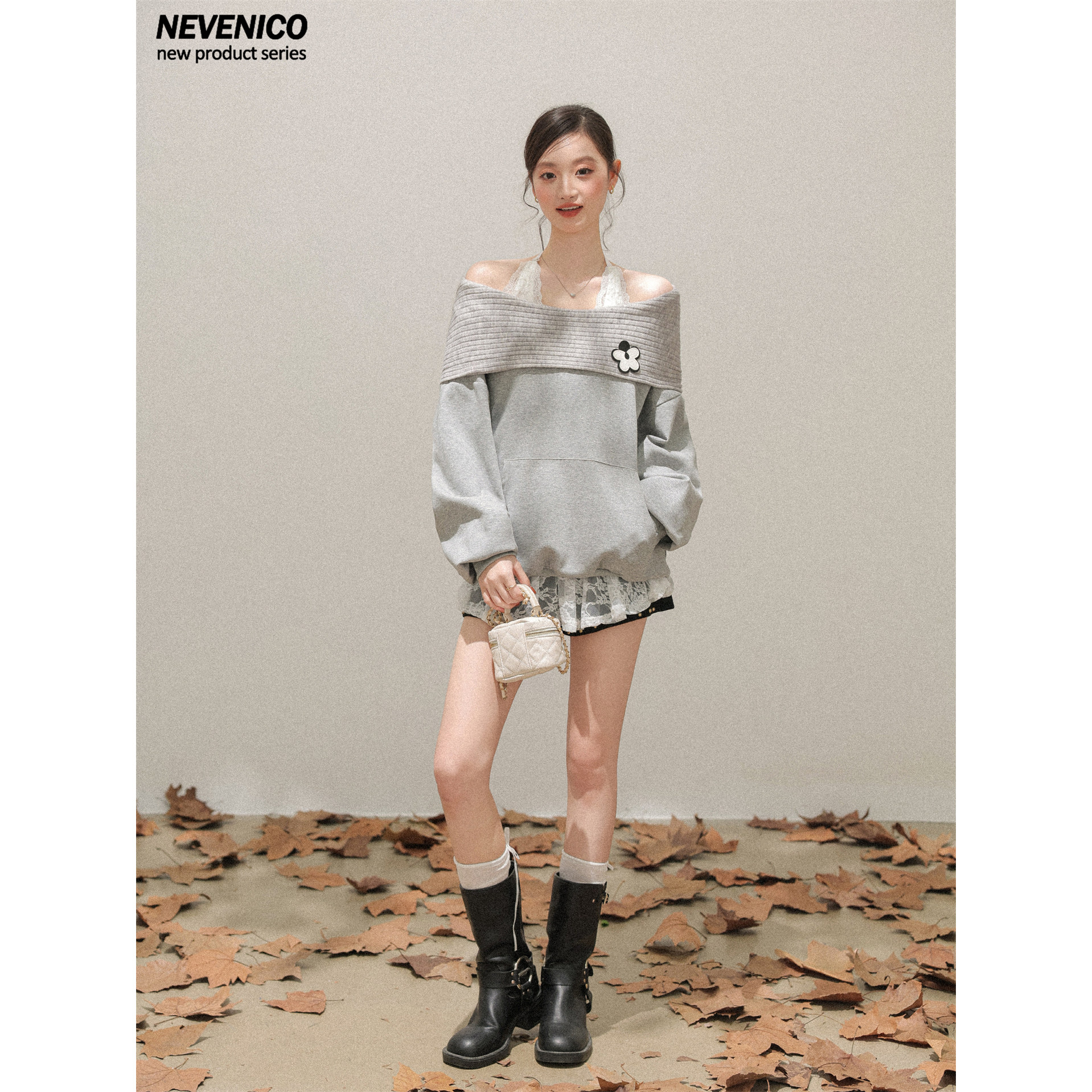 NEVENICO 翻领一字肩连帽卫衣女新款设计感宽松上衣