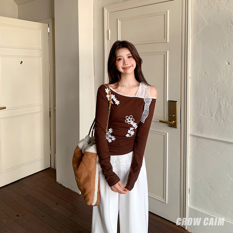 CROWCAIM 蕾丝拼接绑带刺绣花朵针织衫小众设计感修身上衣