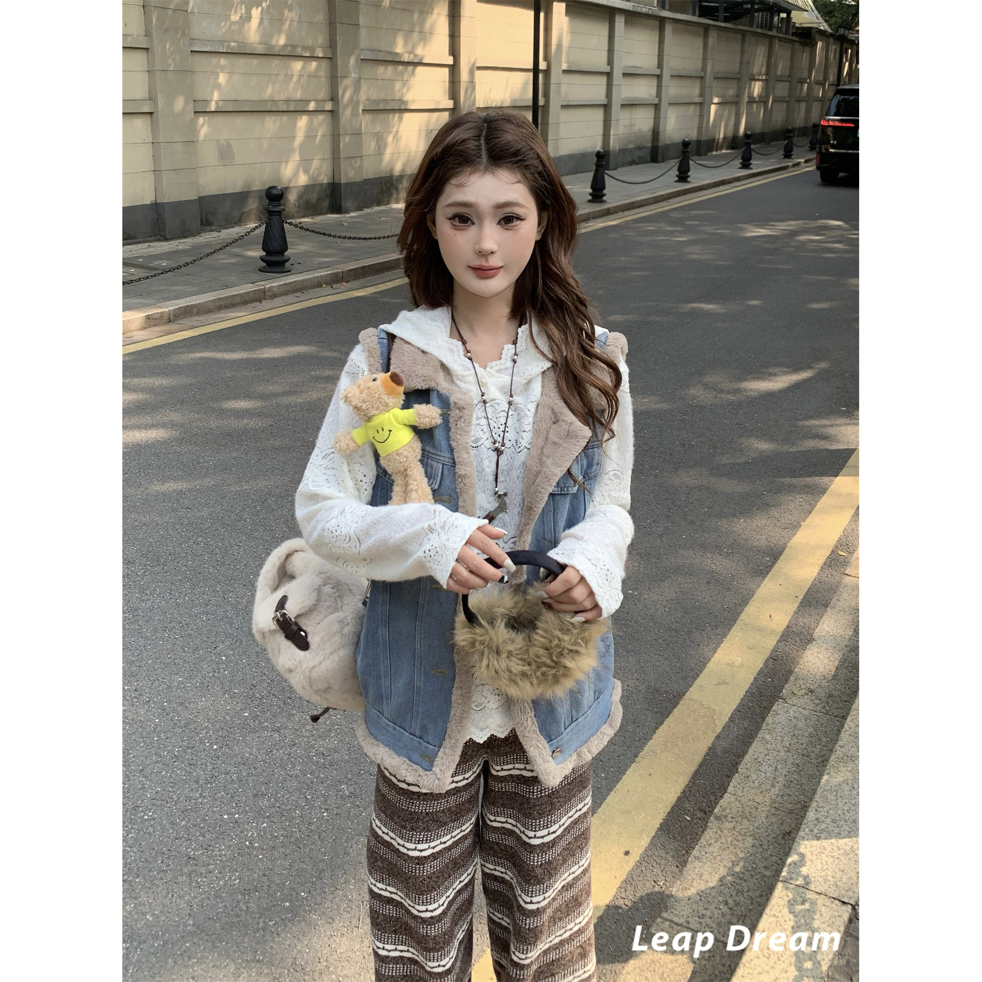 LEAPDREAM 小熊羊羔毛加厚牛仔马甲女可爱风无袖外套