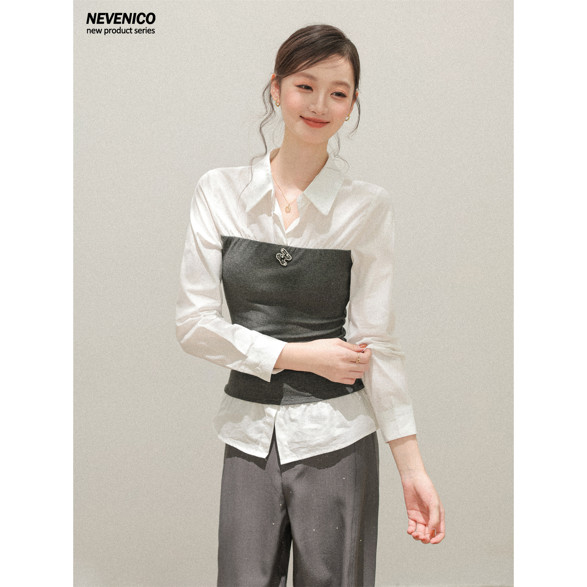 NEVENICO 抹胸拼接翻领假两件衬衫女设计感收腰显瘦百搭衬衣